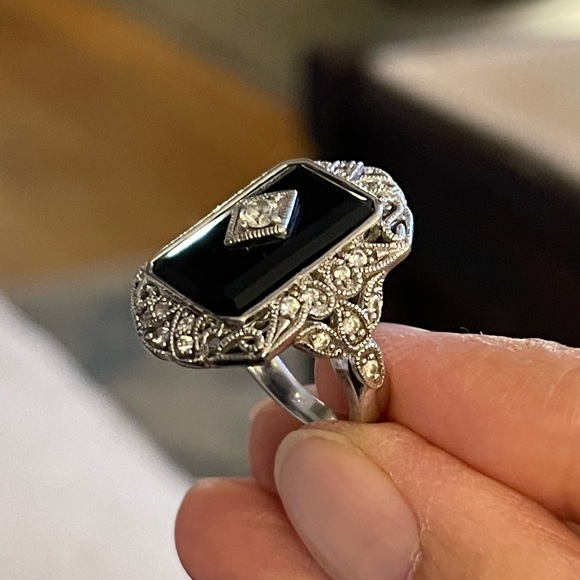 Art Deco style black onyx diamanté crystal sterling silver size 5.0 ring - Picture 7 of 11